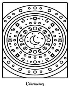 A beautiful Moon Mandala coloring page featuring celestial stars, crescent moon phases, and circular geometric patterns for relaxation.