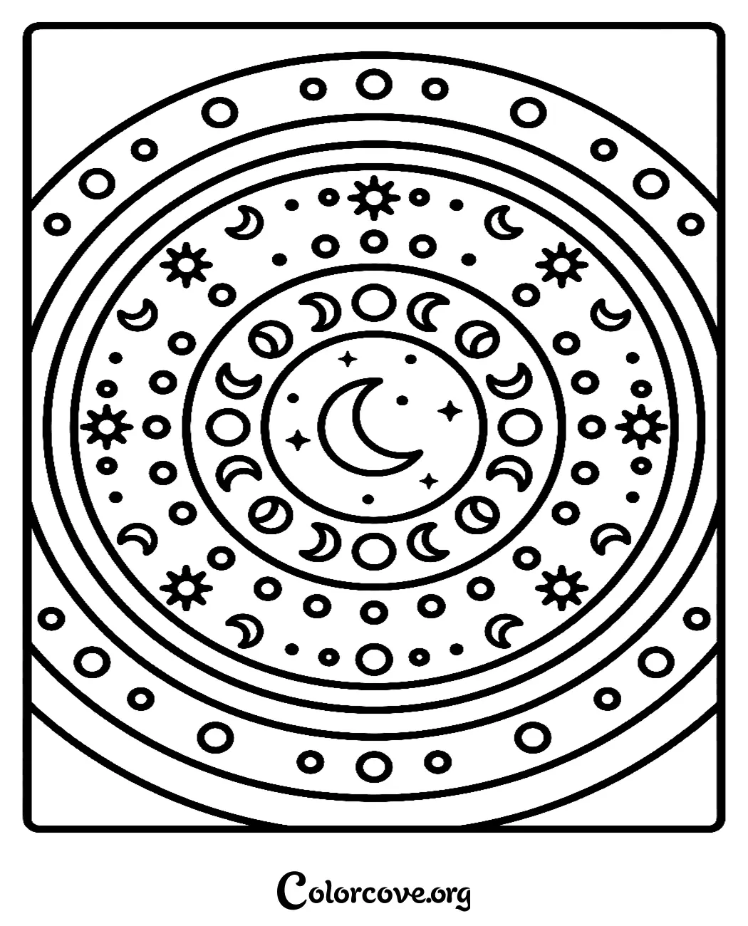 A beautiful Moon Mandala coloring page featuring celestial stars, crescent moon phases, and circular geometric patterns for relaxation.