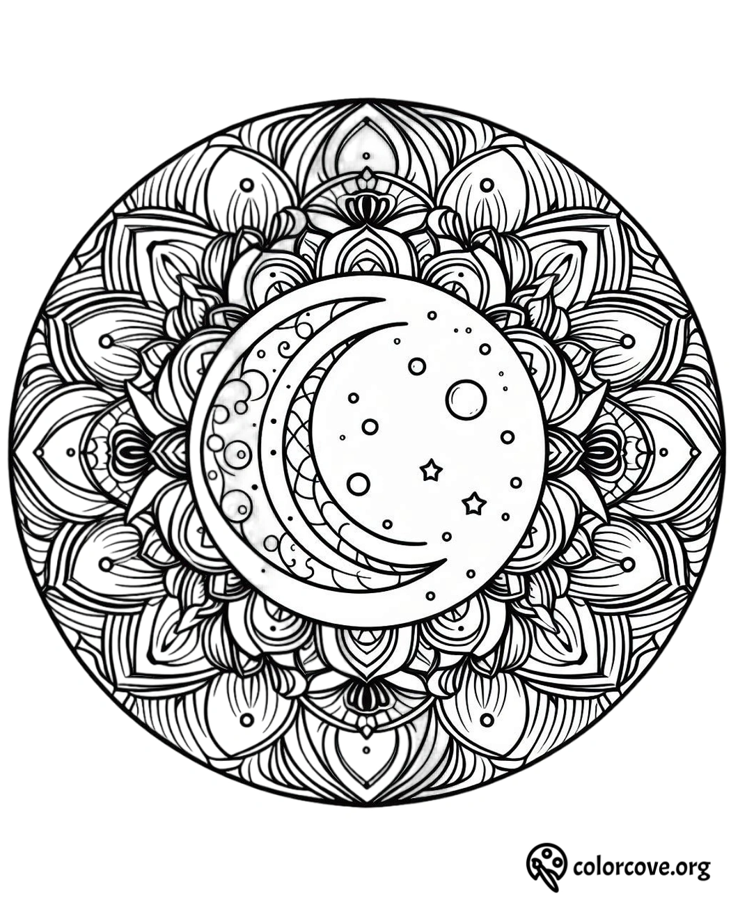 a circular black and white mandala with a moon and stars