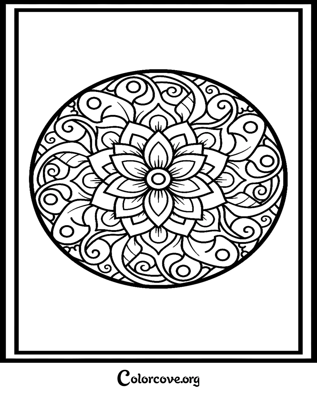 An intricate moon mandala coloring page featuring floral patterns and cosmic swirls, perfect for mindful relaxation and printable art.
