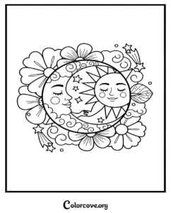 A whimsical celestial mandala coloring page featuring a peaceful sun and moon surrounded by flowers, clouds, and stars for artistic relaxation.