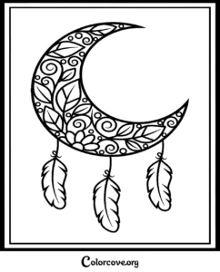 A beautiful crescent moon mandala coloring page featuring intricate floral patterns, swirling vines, and hanging feathers for relaxing art therapy.