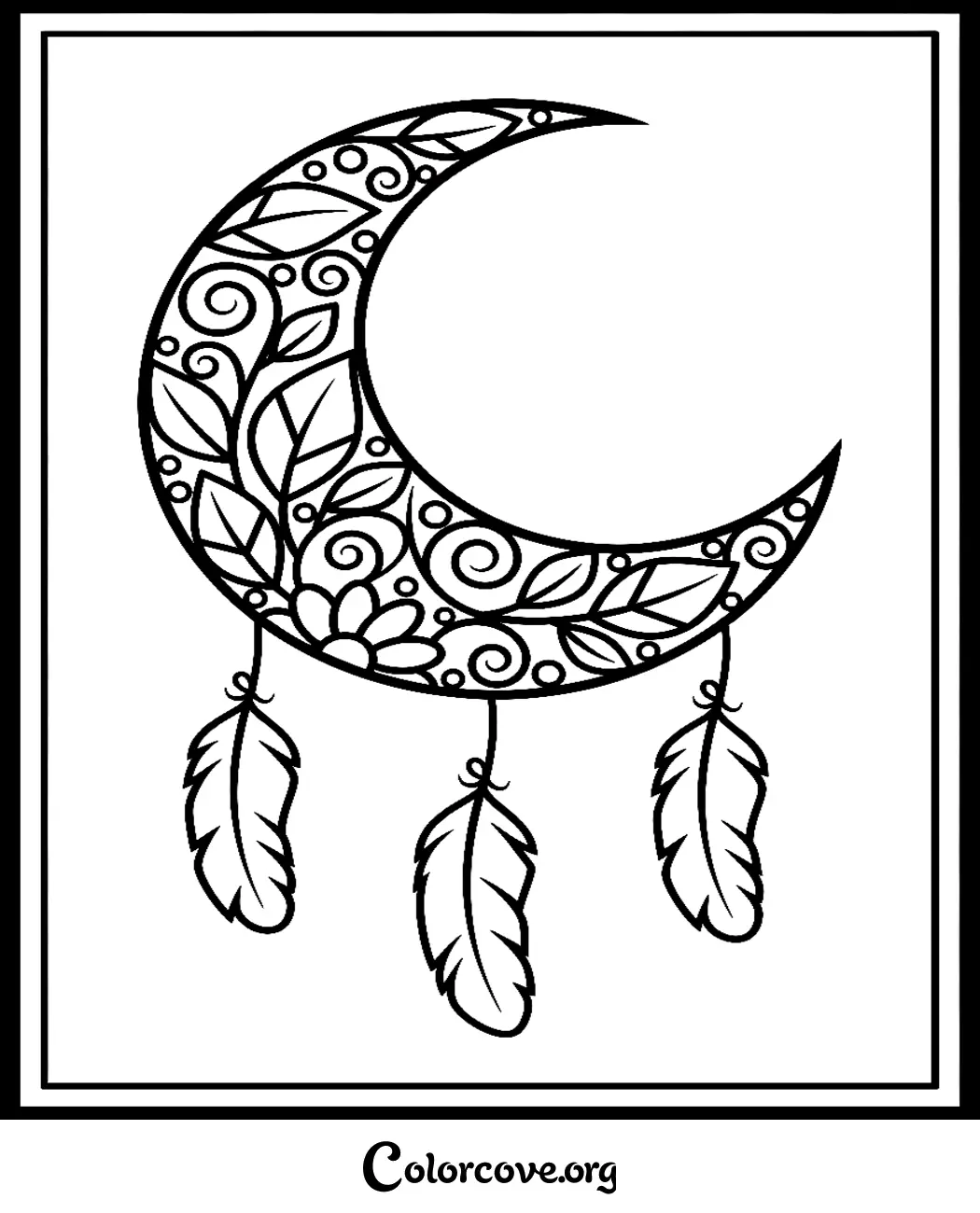 A beautiful crescent moon mandala coloring page featuring intricate floral patterns, swirling vines, and hanging feathers for relaxing art therapy.