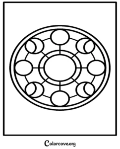 A printable Moon Mandala coloring page featuring a celestial design of moon phases in a circular pattern for relaxation and creative art.