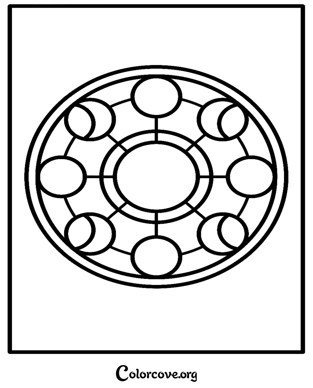 A printable Moon Mandala coloring page featuring a celestial design of moon phases in a circular pattern for relaxation and creative art.
