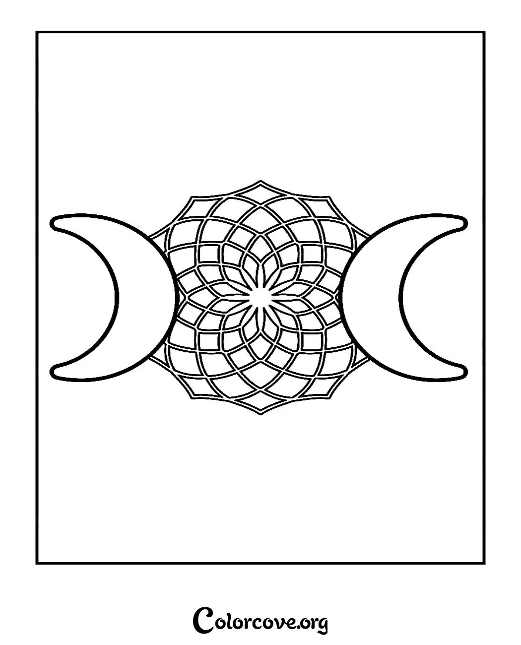 A beautiful Triple Moon Mandala coloring page featuring intricate geometric patterns flanked by two crescent moons, perfect for relaxation and mindful coloring.