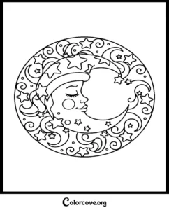 A beautiful Moon Mandala coloring page featuring a sleepy crescent moon surrounded by stars and swirling patterns for adults and kids to color.