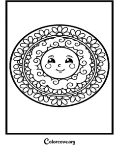 A printable Moon Mandala coloring page featuring a smiling celestial moon surrounded by swirling clouds and a floral daisy pattern.