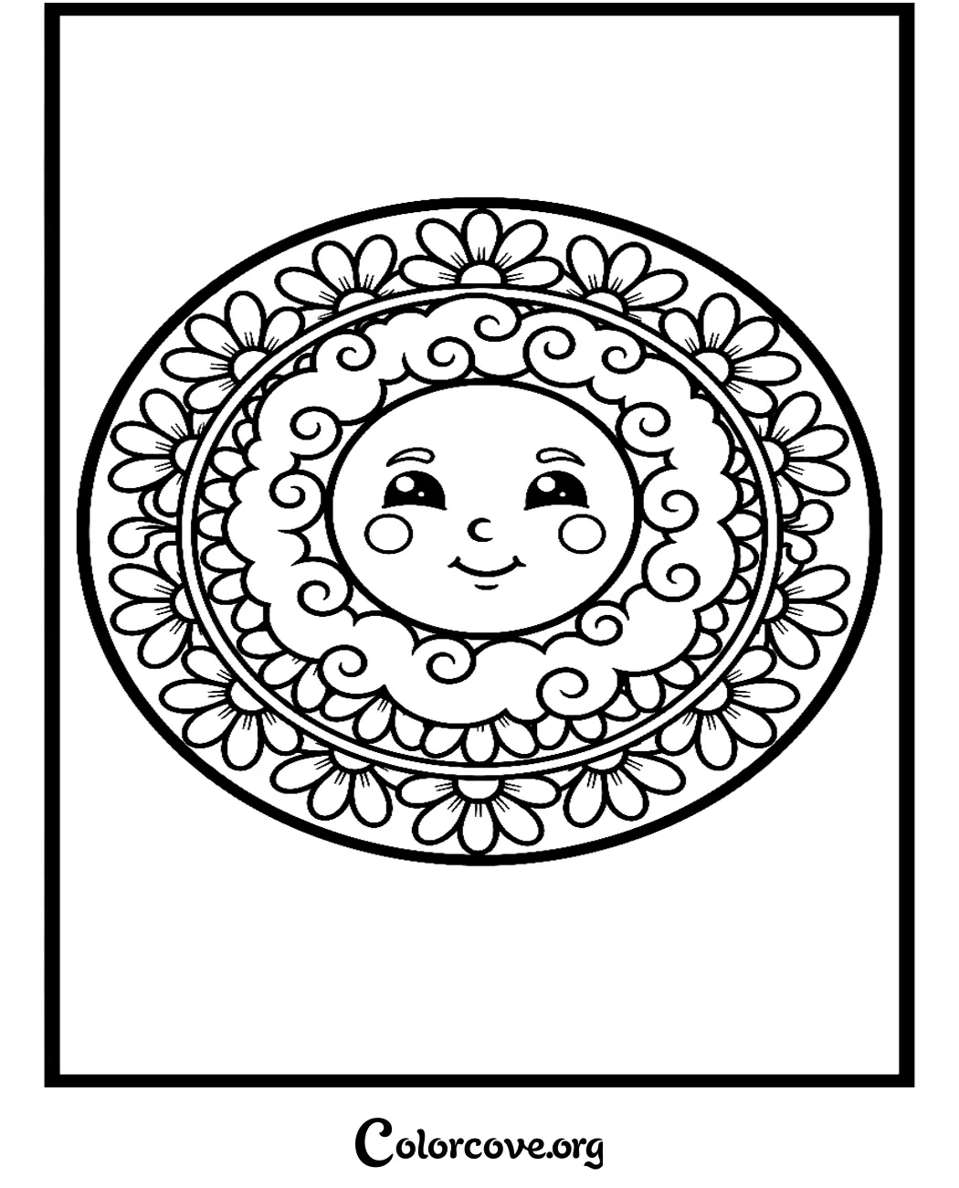 A printable Moon Mandala coloring page featuring a smiling celestial moon surrounded by swirling clouds and a floral daisy pattern.