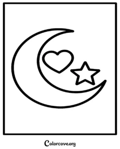 A simple Moon, heart, and star coloring page for kids to print and color at home.