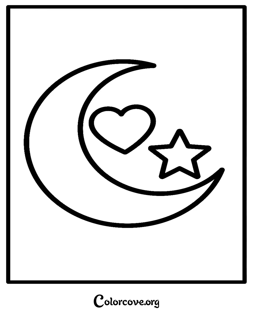 A simple Moon, heart, and star coloring page for kids to print and color at home.