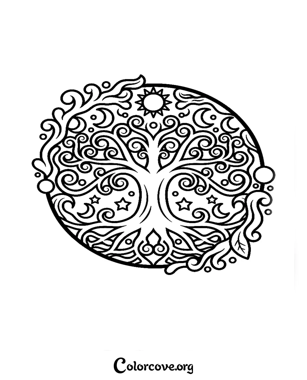 A detailed Tree of Life Moon Mandala coloring page featuring celestial sun and star elements, perfect for stress-relief and meditative art.
