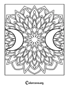 A beautiful moon mandala coloring page featuring crescent moons and intricate geometric floral patterns perfect for adult mindfulness and relaxation.