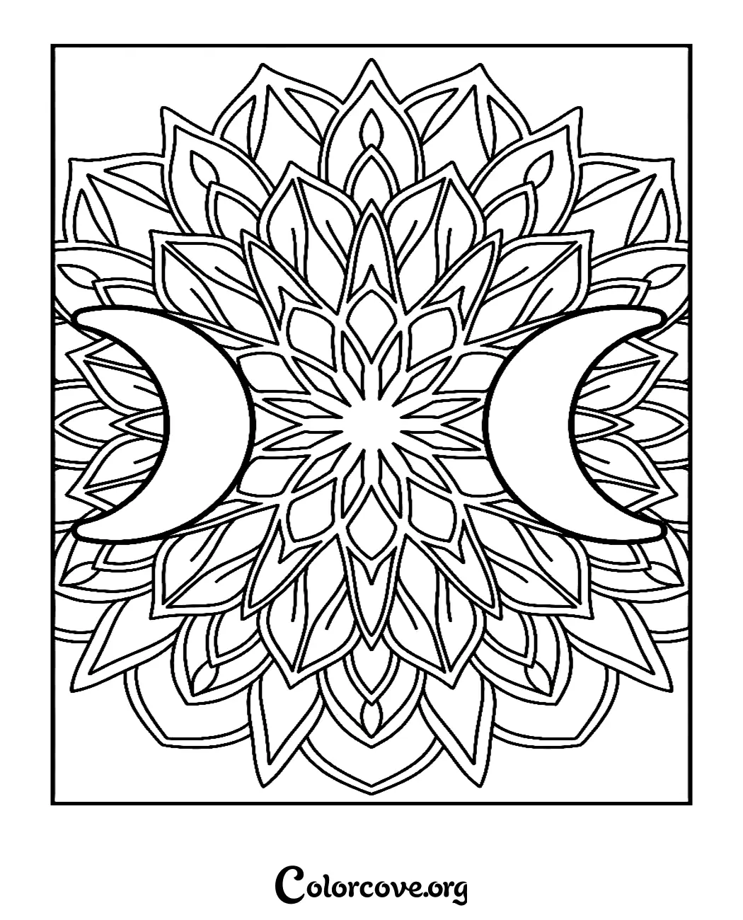 A beautiful moon mandala coloring page featuring crescent moons and intricate geometric floral patterns perfect for adult mindfulness and relaxation.