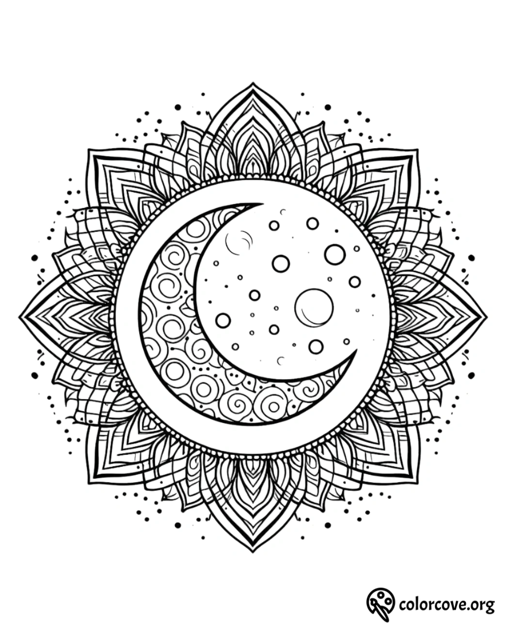 a black and white drawing of a moon and stars