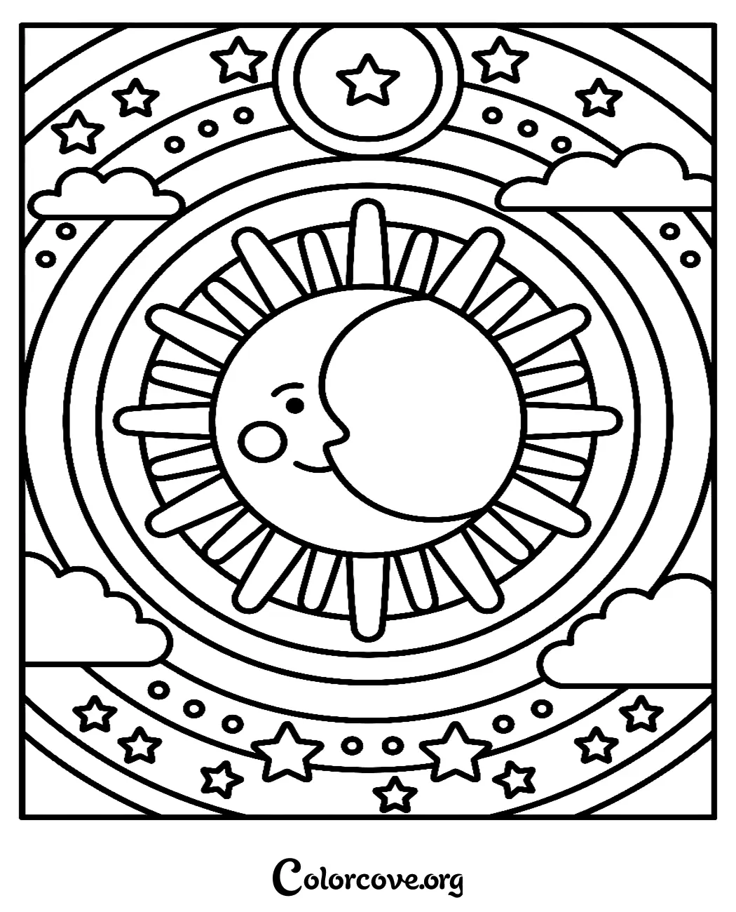 A printable celestial Moon Mandala coloring page featuring a smiling sun and moon face surrounded by stars and clouds.