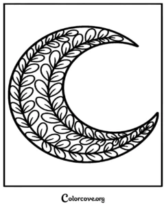 A beautiful crescent moon mandala coloring page featuring intricate leaf patterns for relaxing adult coloring.