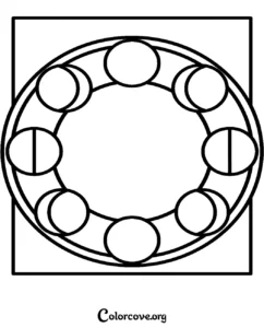 A printable Moon Mandala coloring page featuring the lunar cycle phases in a circular pattern for kids and adults.