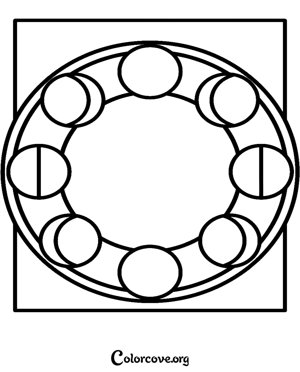 A printable Moon Mandala coloring page featuring the lunar cycle phases in a circular pattern for kids and adults.