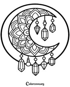 A beautiful crescent moon mandala coloring page featuring intricate patterns and hanging crystals for adults and kids to print and color.