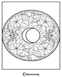 A beautiful celestial moon mandala coloring page featuring intricate flowers, leaves, and a crescent moon center design for adults and kids.
