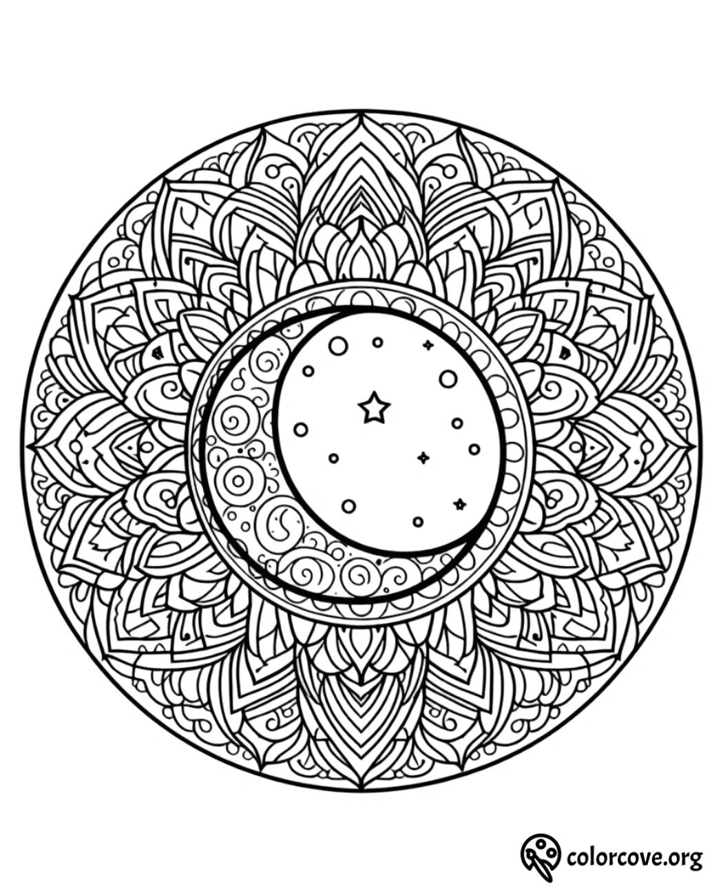 a black and white mandala with a moon and stars