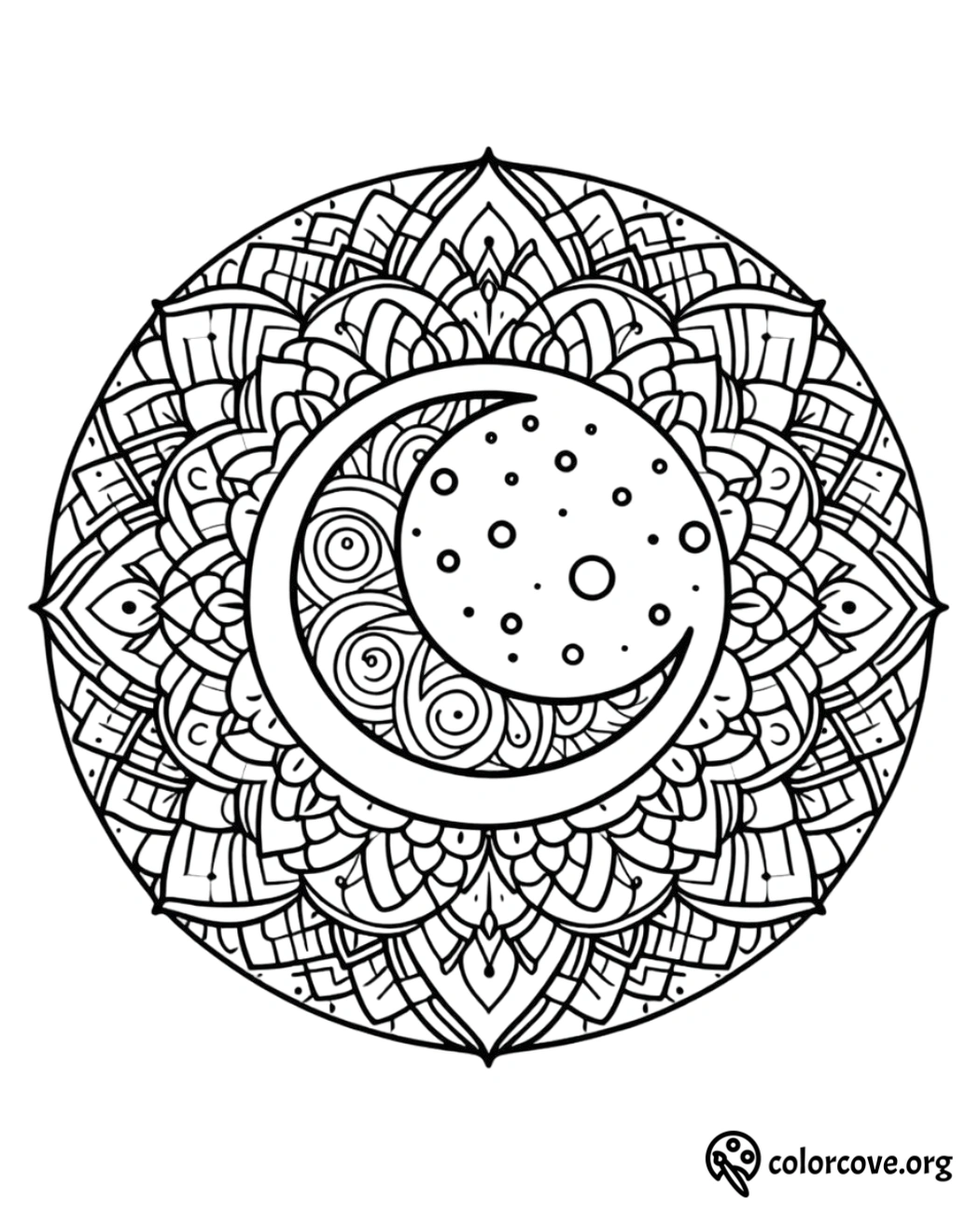 a black and white mandala with a moon and stars