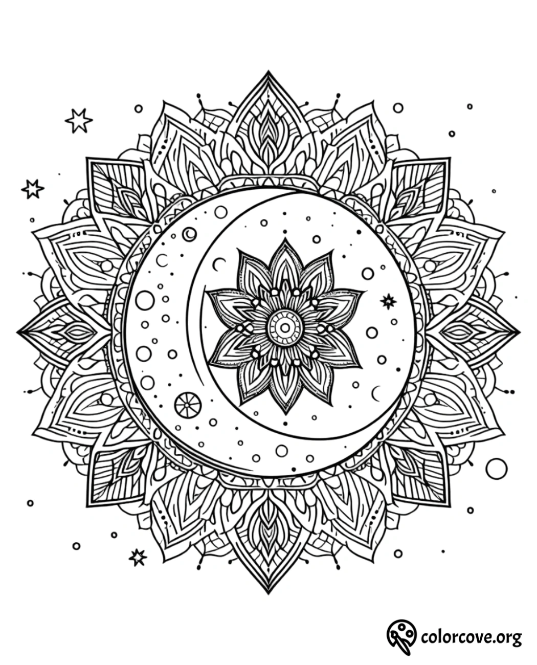 a black and white mandala with a crescent moon and flowers