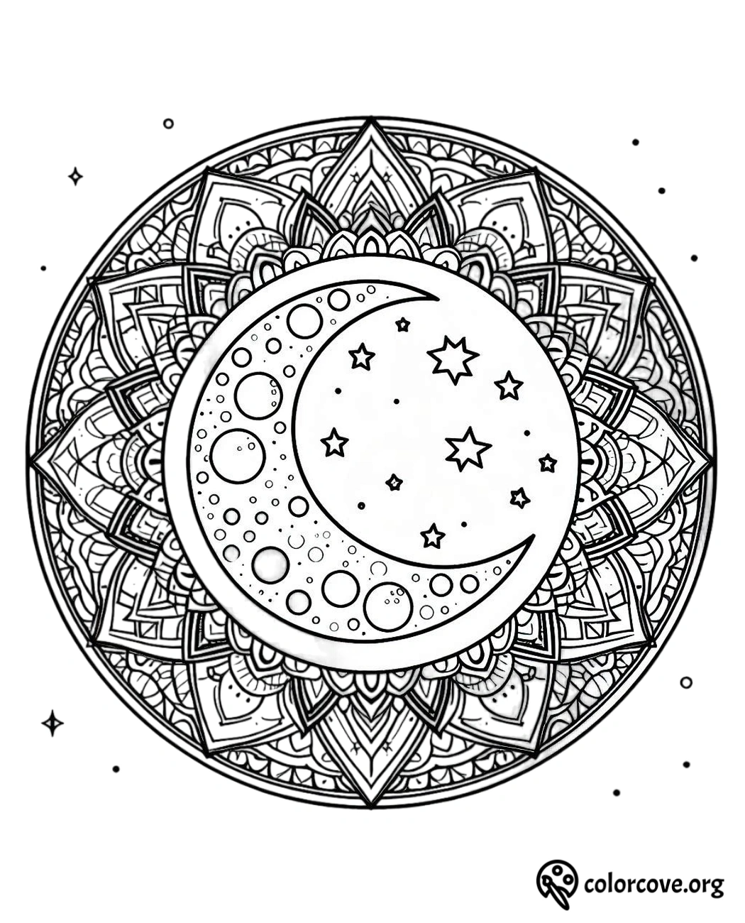 a black and white drawing of a moon and stars