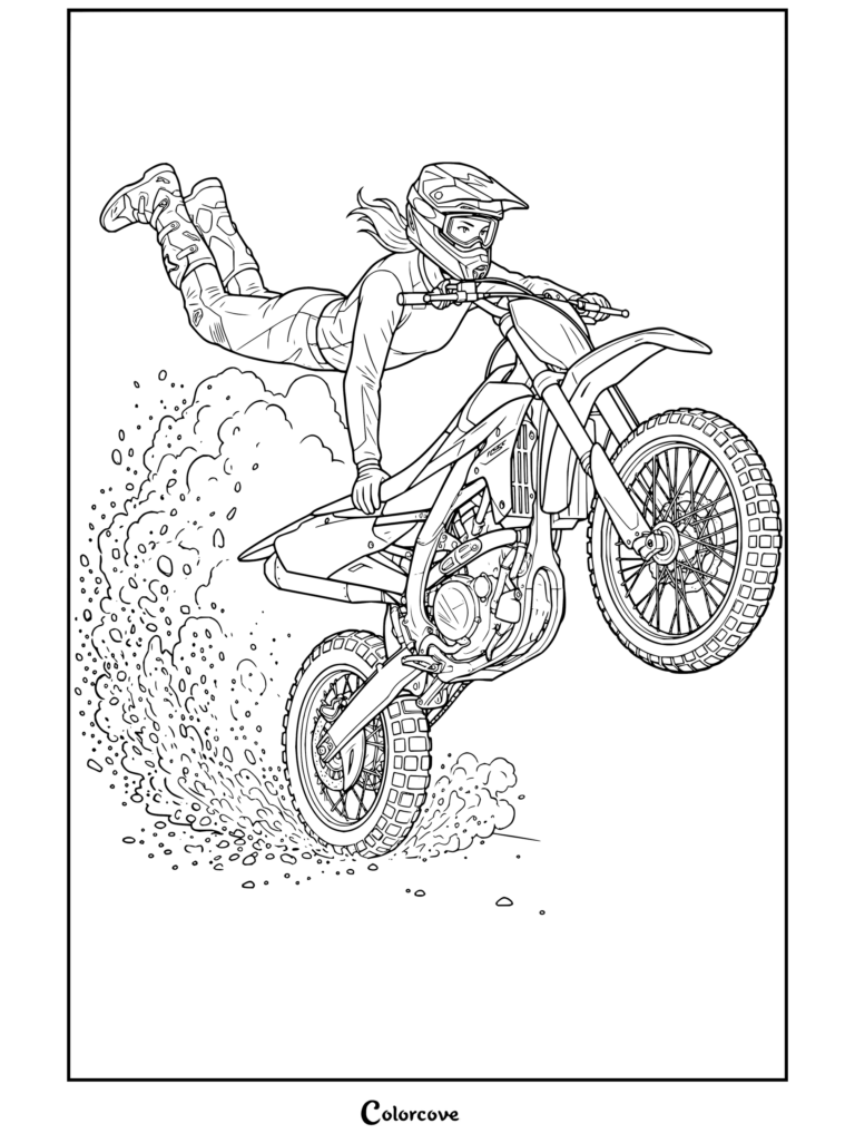 Dibujo de motocross de una mujer piloto de motocross haciendo una acrobacia «heelclicker» en una moto de cross Yamaha mientras levanta polvo.