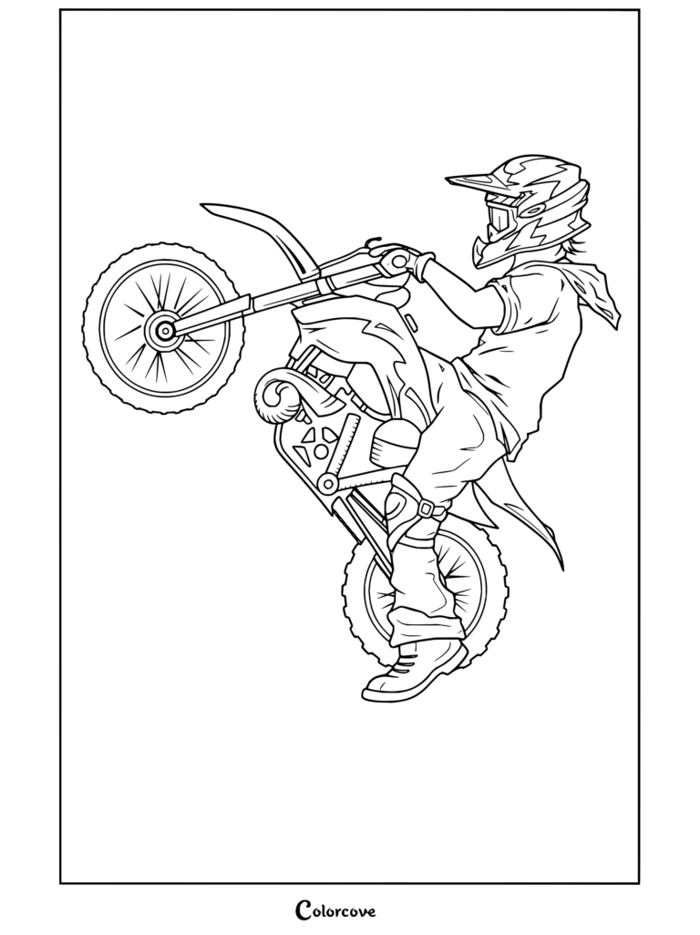 Página para colorear de motocross que presenta a un piloto realizando un caballito extremo en una moto de cross.