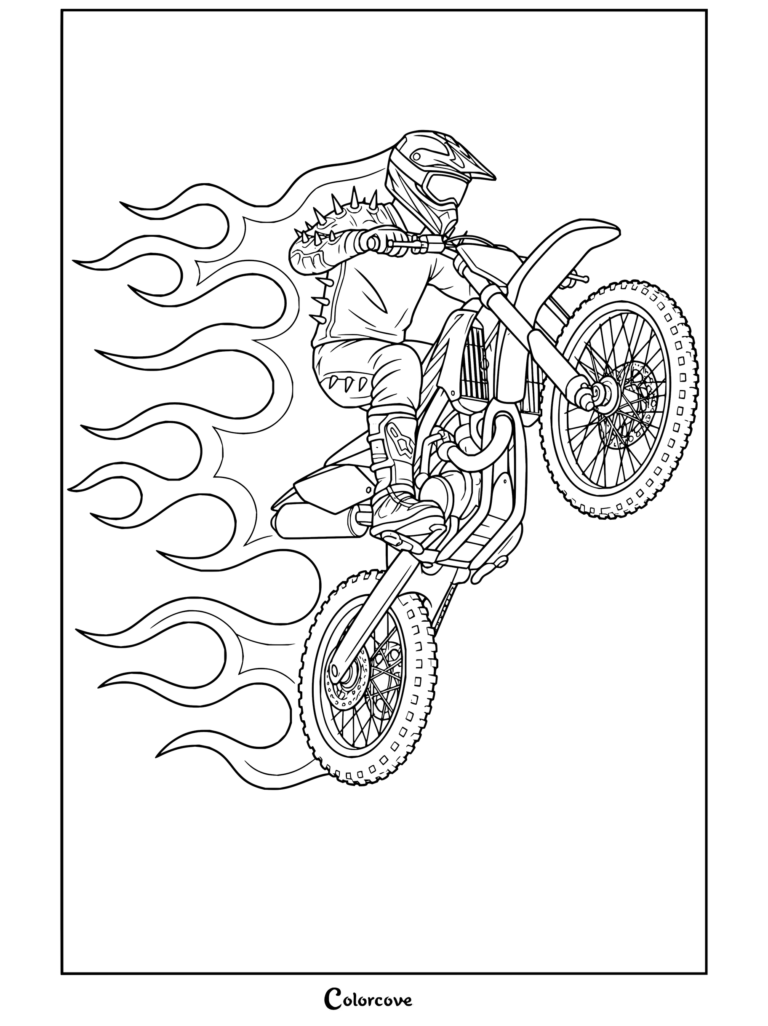 Página para colorear imprimible de un piloto de motocross haciendo acrobacias con fondo de llamas