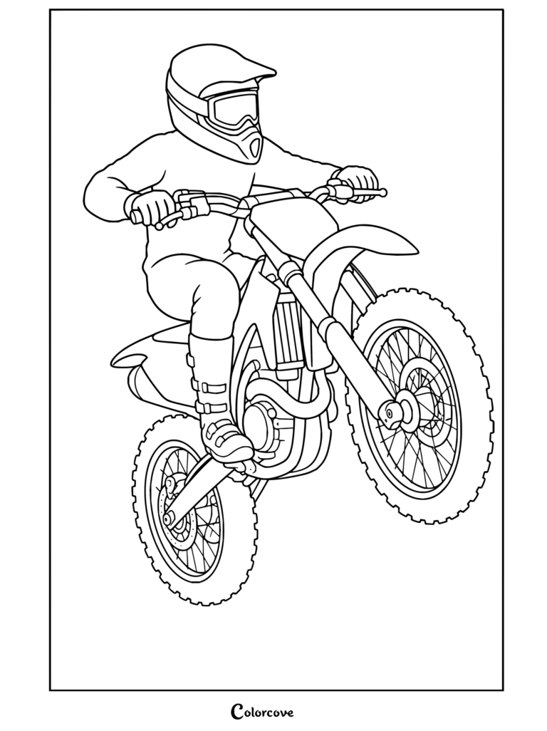 Un dibujo de motocross para imprimir con un piloto de motocross con equipamiento azul y amarillo en una moto de cross realizando un salto.