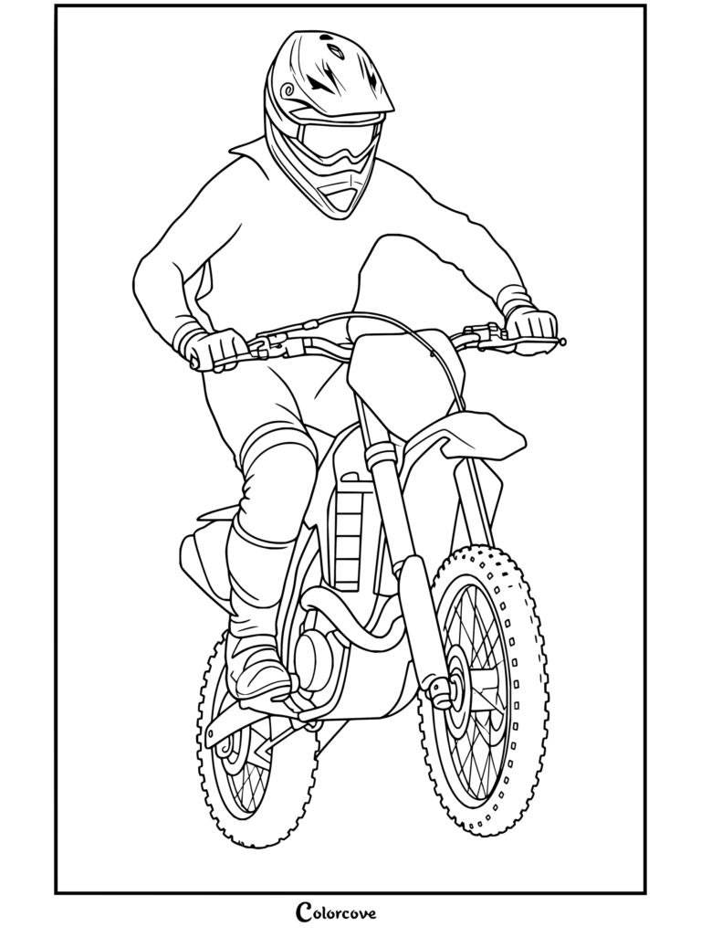 Dibujo de motocross de un piloto con equipamiento rojo montando en una moto de cross en una pose de acción.