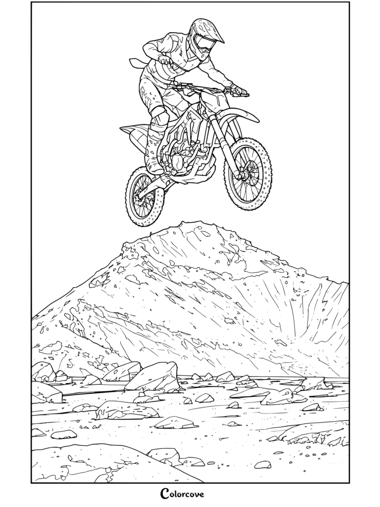 Dibujo de un piloto de motocross saltando con su moto de cross sobre una montaña de dunas de arena, con acción de vuelo alto en un paisaje agreste.