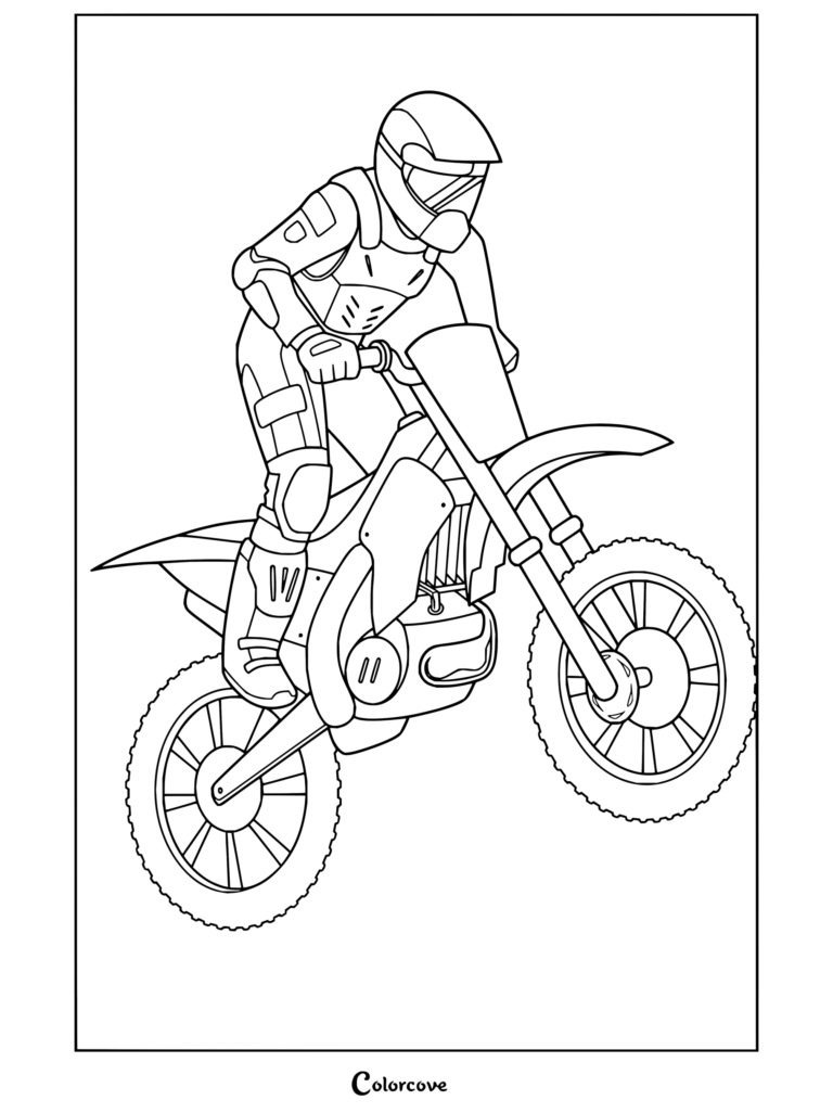 Página para colorear de motocross que presenta a un piloto de motocross saltando una moto de cross roja frente a un círculo amarillo.