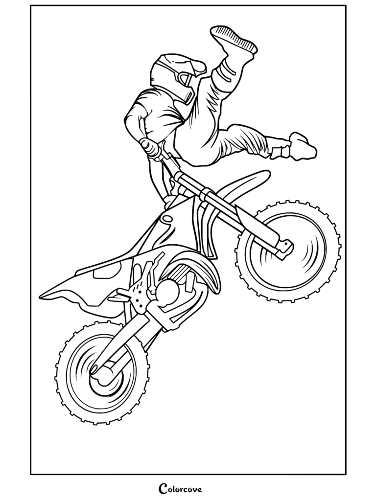 Página para colorear de motocross que presenta a un piloto de motocross realizando una acrobacia en una moto de cross.