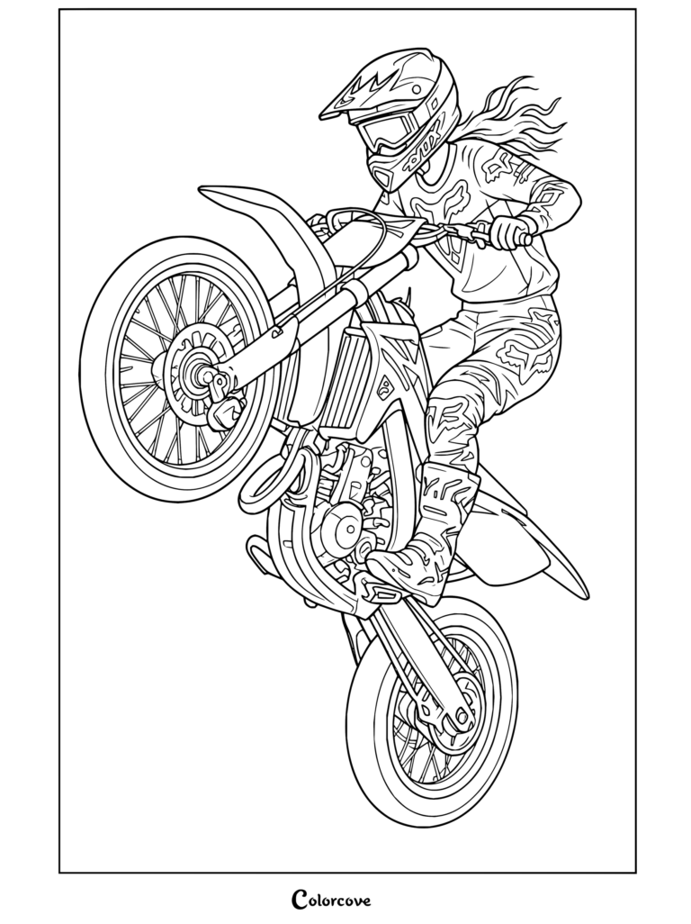 Dibujo de motocross gratis que presenta a una mujer piloto de motocross haciendo un «wheelie» en una moto de cross con el pelo al viento bajo el casco.