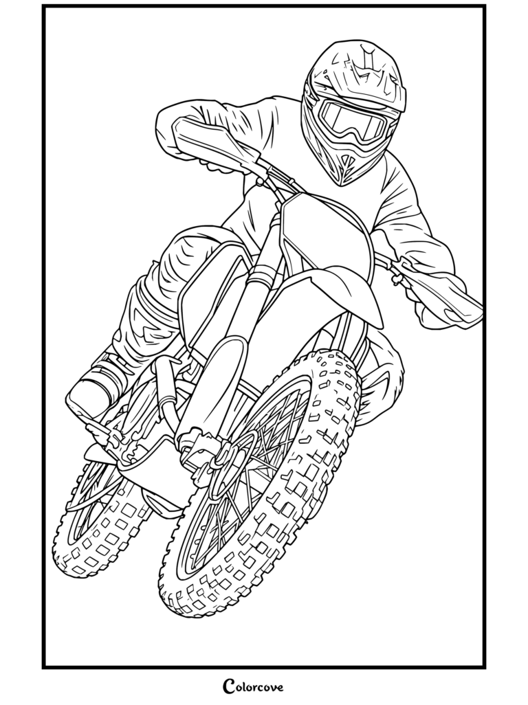 Página para colorear de un piloto de motocross compitiendo con una moto de cross a través de un fondo de salpicaduras de fuego.