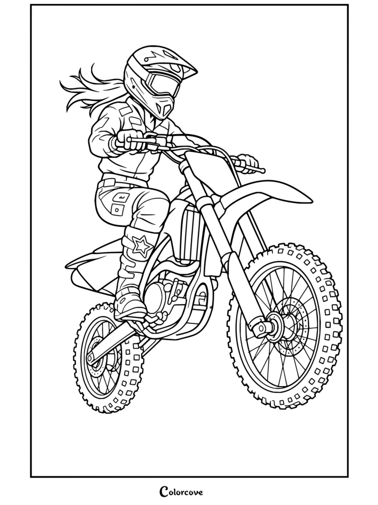 Dibujo para imprimir gratis de una mujer piloto de motocross compitiendo en una moto de cross con casco y coleta.