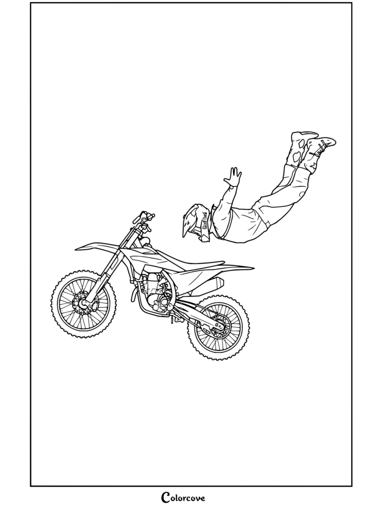 Una página para colorear de motocross imprimible que presenta a un piloto de estilo libre realizando un truco de suspensión en el aire junto a su moto de cross