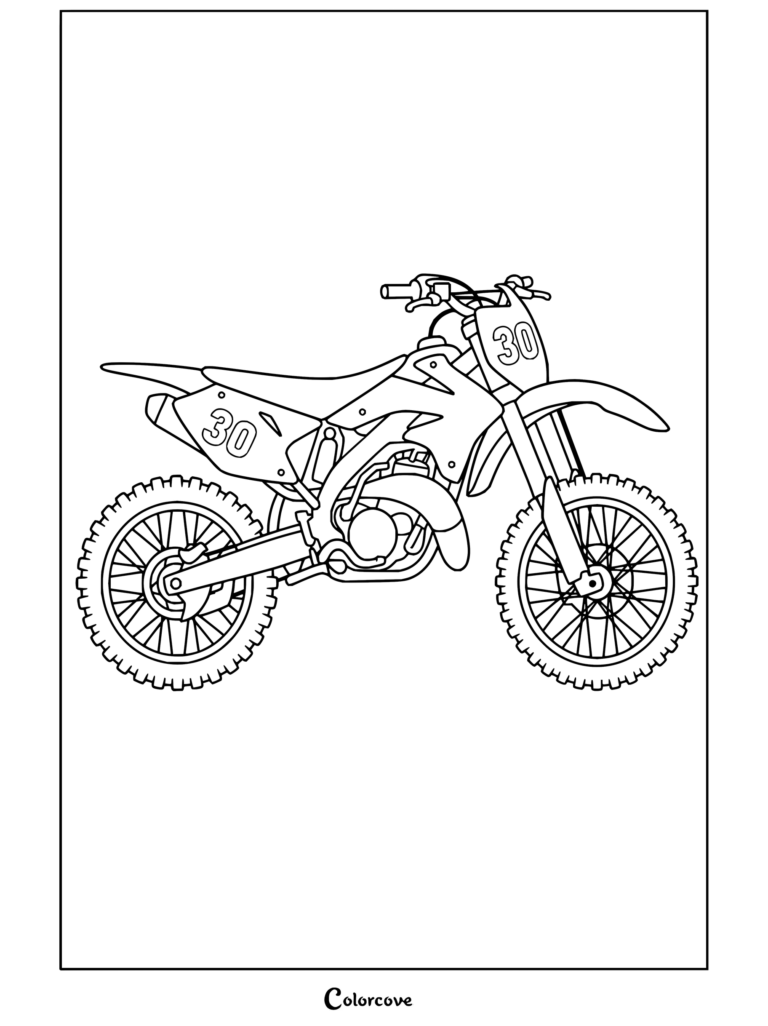 Dibujo de motocross para imprimir gratis con una moto de cross con el número treinta en vista lateral.