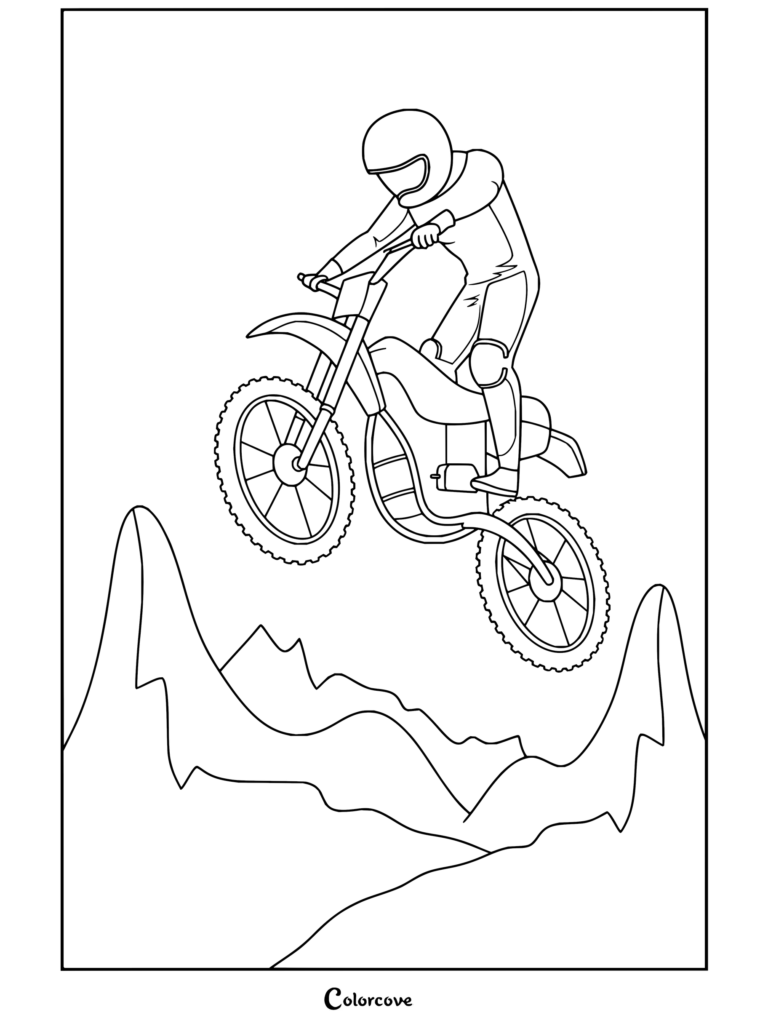 Dibujo de motocross que muestra a un piloto surcando los cielos en una moto de cross sobre cumbres montañosas.