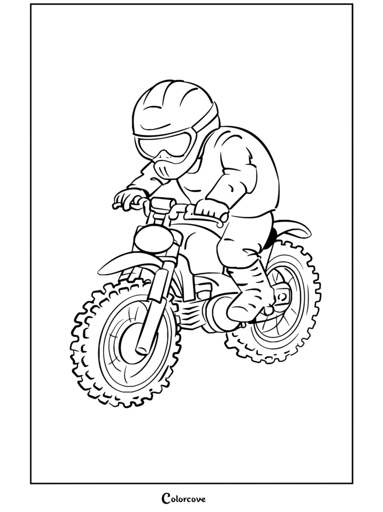 Dibujo para colorear de un niño compitiendo en una moto de motocross a toda velocidad, con un pequeño y alocado motociclista conduciendo rápido.