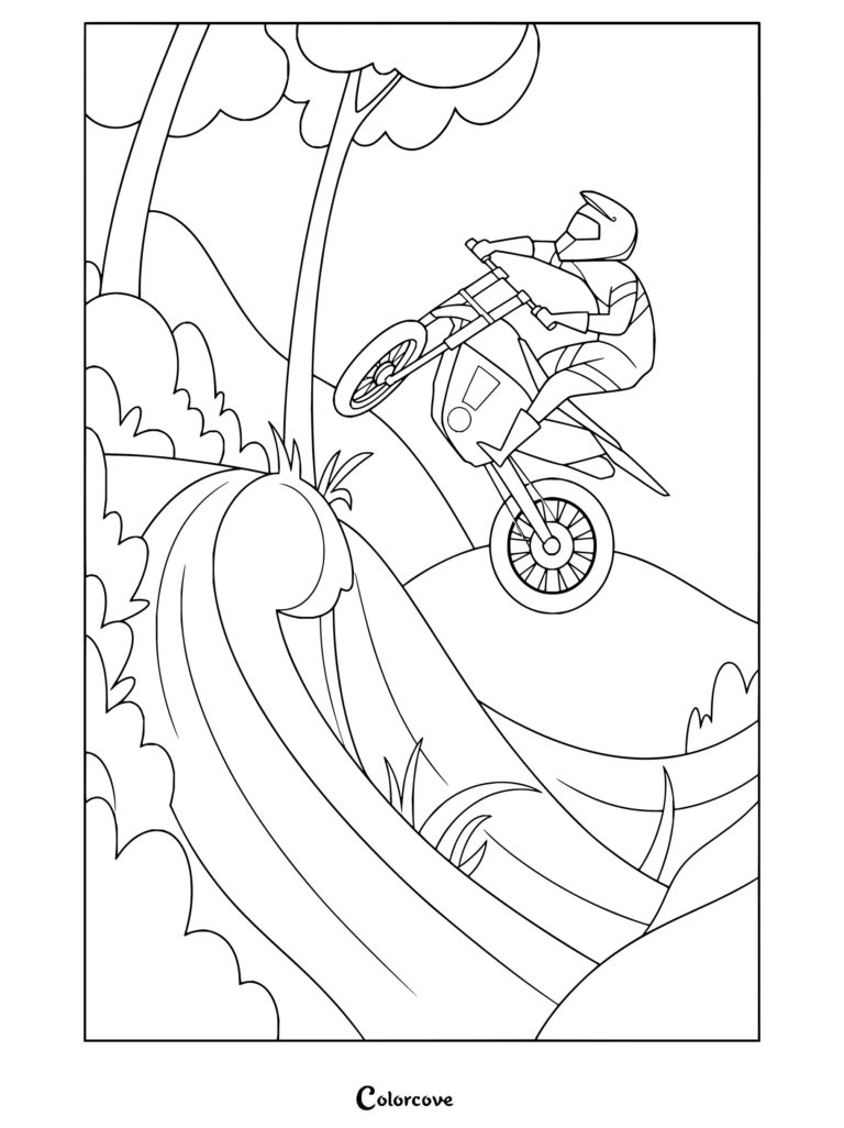 Un dibujo para imprimir de un piloto de motocross en una moto de cross saltando sobre un sendero forestal con colinas verdes.