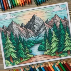 Colorful mountain landscape coloring page with pine trees, river, and sunset sky, surrounded by colored pencils.