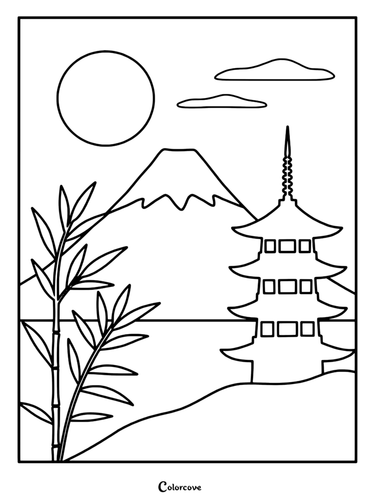 A printable coloring page featuring Mount Fuji, a traditional Japanese pagoda, and bamboo stalks under a bright sun.
