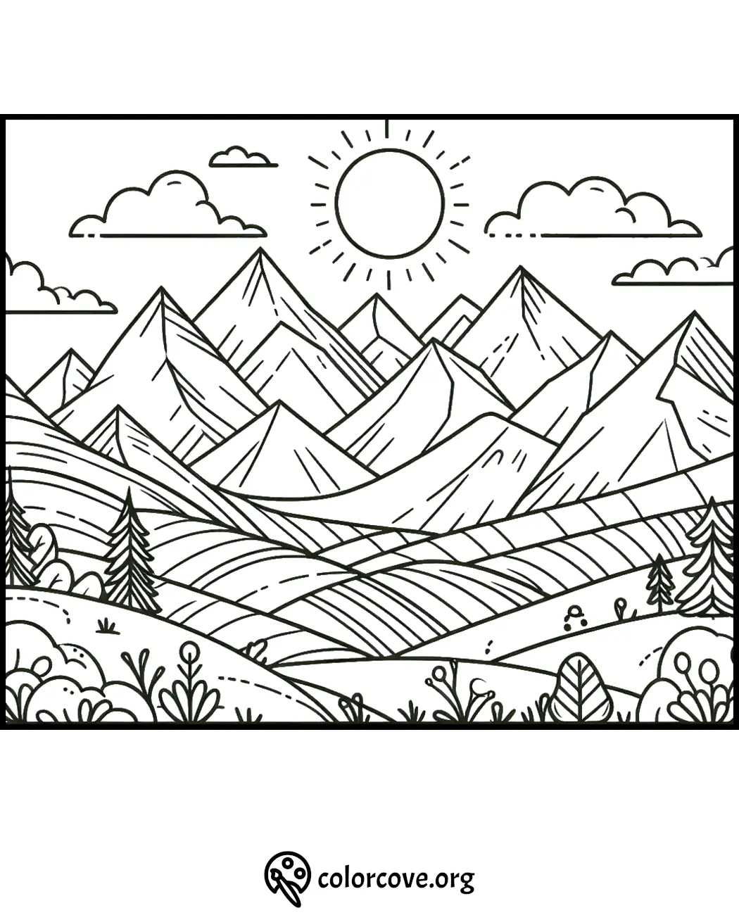 Coloring page of a scenic mountain landscape with a bright sun, clouds, trees, and rolling hills.