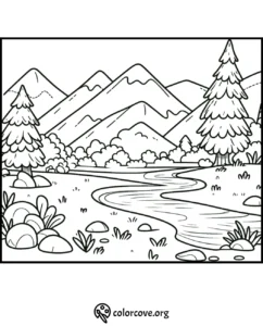 Coloring page featuring a scenic landscape with mountains, trees, a river, and grassy fields. Free printable from colorcove.org.