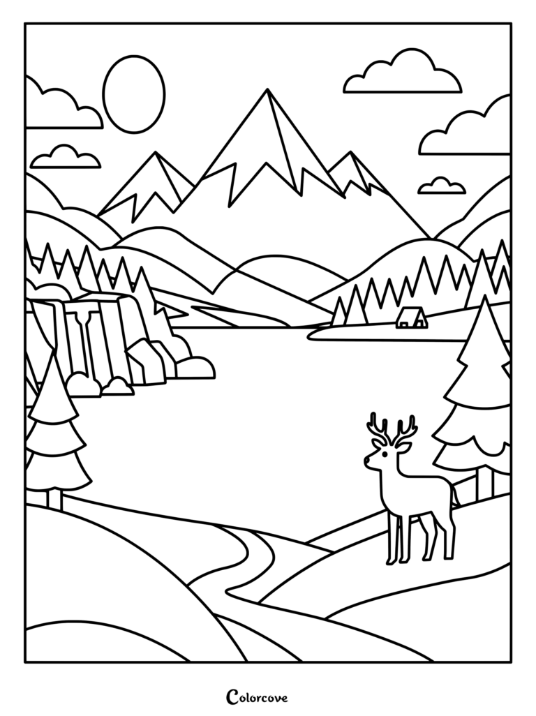 A printable coloring page featuring a deer standing near a lake with snow-capped mountains, pine trees, and a small cabin in the background.